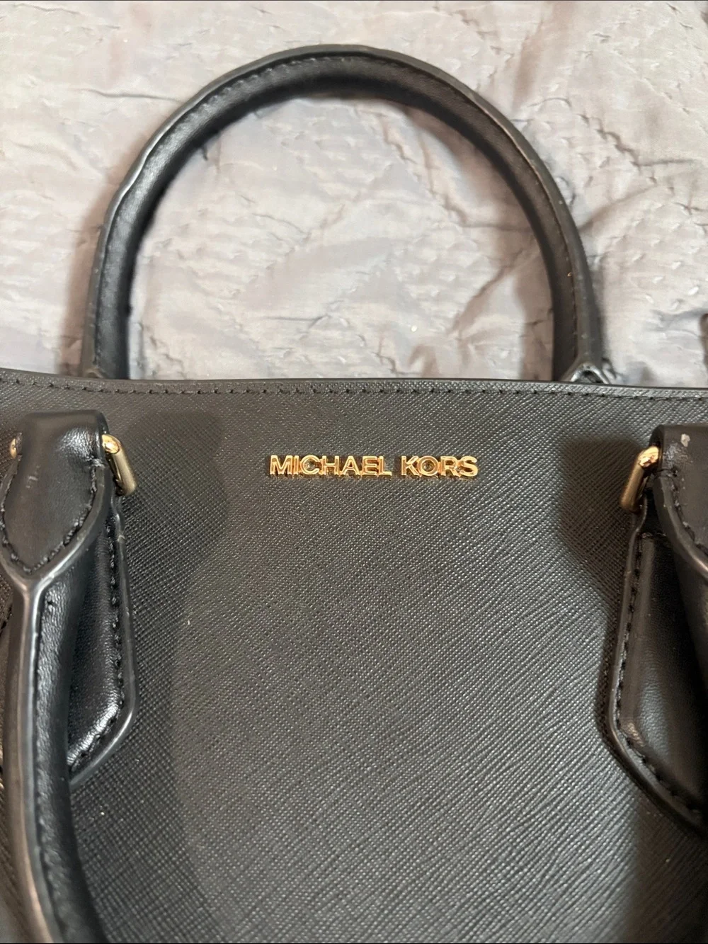 Michael Kors Black Saffiano Satchel with Gold Chain Accent
